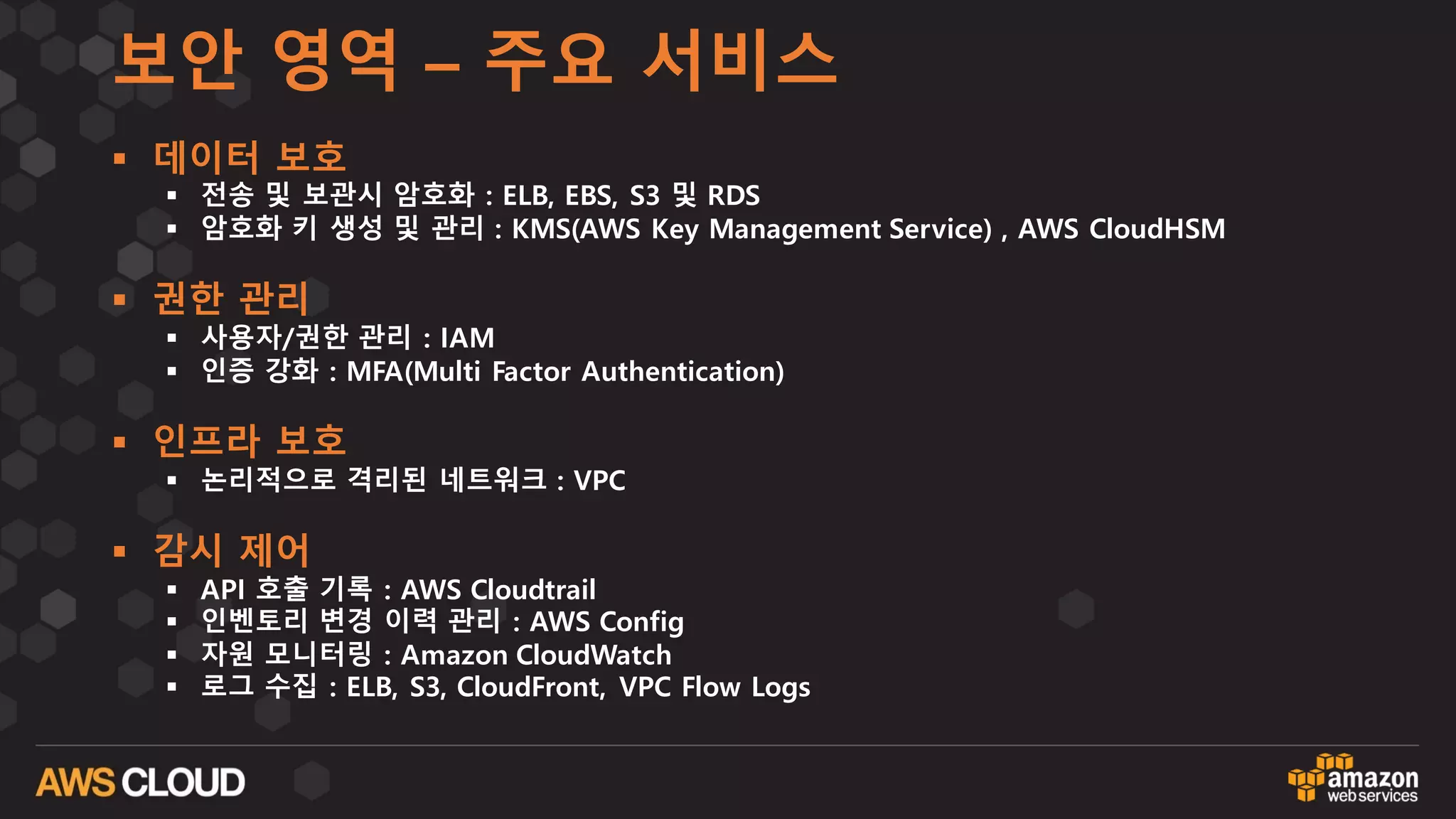 보안 영역 – 주요 서비스
§ 데이터 보호
§ 전송 및 보관시 암호화 : ELB, EBS, S3 및 RDS
§ 암호화 키 생성 및 관리 : KMS(AWS Key Management Service) , AWS CloudHSM
§ 권한 관리
§ 사용자/권한 관리 : IAM
§ 인증 강화 : MFA(Multi Factor Authentication)
§ 인프라 보호
§ 논리적으로 격리된 네트워크 : VPC
§ 감시 제어
§ API 호출 기록 : AWS Cloudtrail
§ 인벤토리 변경 이력 관리 : AWS Config
§ 자원 모니터링 : Amazon CloudWatch
§ 로그 수집 : ELB, S3, CloudFront, VPC Flow Logs
 