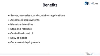 Benefits
● Server, serverless, and container applications
● Automated deployments
● Minimize downtime
● Stop and roll back
● Centralized control
● Easy to adopt
● Concurrent deployments
 