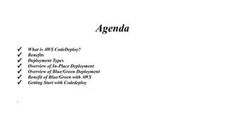 Agenda
✓ What is AWS CodeDeploy?
✓ Benefits
✓ Deployment Types
✓ Overview of In-Place Deployment
✓ Overview of Blue/Green Deployment
✓ Benefit of Blue/Green with AWS
✓ Getting Start with Codedeploy
✓
 
