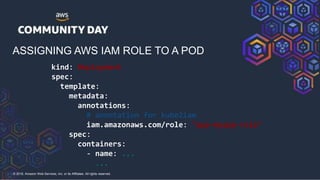 © 2018, Amazon Web Services, Inc. or its Affiliates. All rights reserved.
ASSIGNING AWS IAM ROLE TO A POD
kind: Deployment
spec:
template:
metadata:
annotations:
# annotation for kube2iam
iam.amazonaws.com/role: "app-myapp-role"
spec:
containers:
- name: ...
...
 