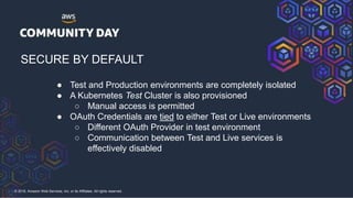 © 2018, Amazon Web Services, Inc. or its Affiliates. All rights reserved.
SECURE BY DEFAULT
● Test and Production environments are completely isolated
● A Kubernetes Test Cluster is also provisioned
○ Manual access is permitted
● OAuth Credentials are tied to either Test or Live environments
○ Different OAuth Provider in test environment
○ Communication between Test and Live services is
effectively disabled
 