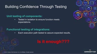 © 2018, Amazon Web Services, Inc. or its Affiliates. All rights reserved.
Unit testing of components:
• Tested in isolation to ensure function meets
expectations.
Functional testing of integrations:
• Each execution path tested to assure expected results.
Building Confidence Through Testing
Is it enough???
 
