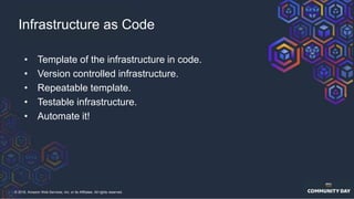 © 2018, Amazon Web Services, Inc. or its Affiliates. All rights reserved.
• Template of the infrastructure in code.
• Version controlled infrastructure.
• Repeatable template.
• Testable infrastructure.
• Automate it!
Infrastructure as Code
 