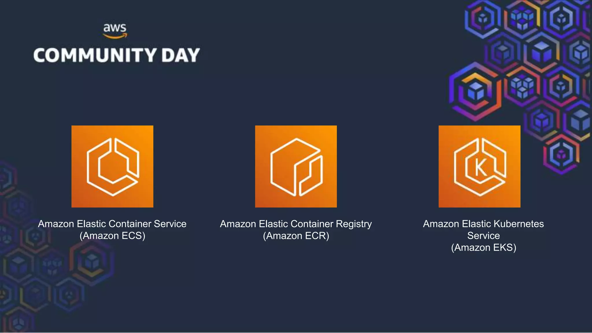 Amazon Elastic Kubernetes
Service
(Amazon EKS)
Amazon Elastic Container Registry
(Amazon ECR)
Amazon Elastic Container Service
(Amazon ECS)
 