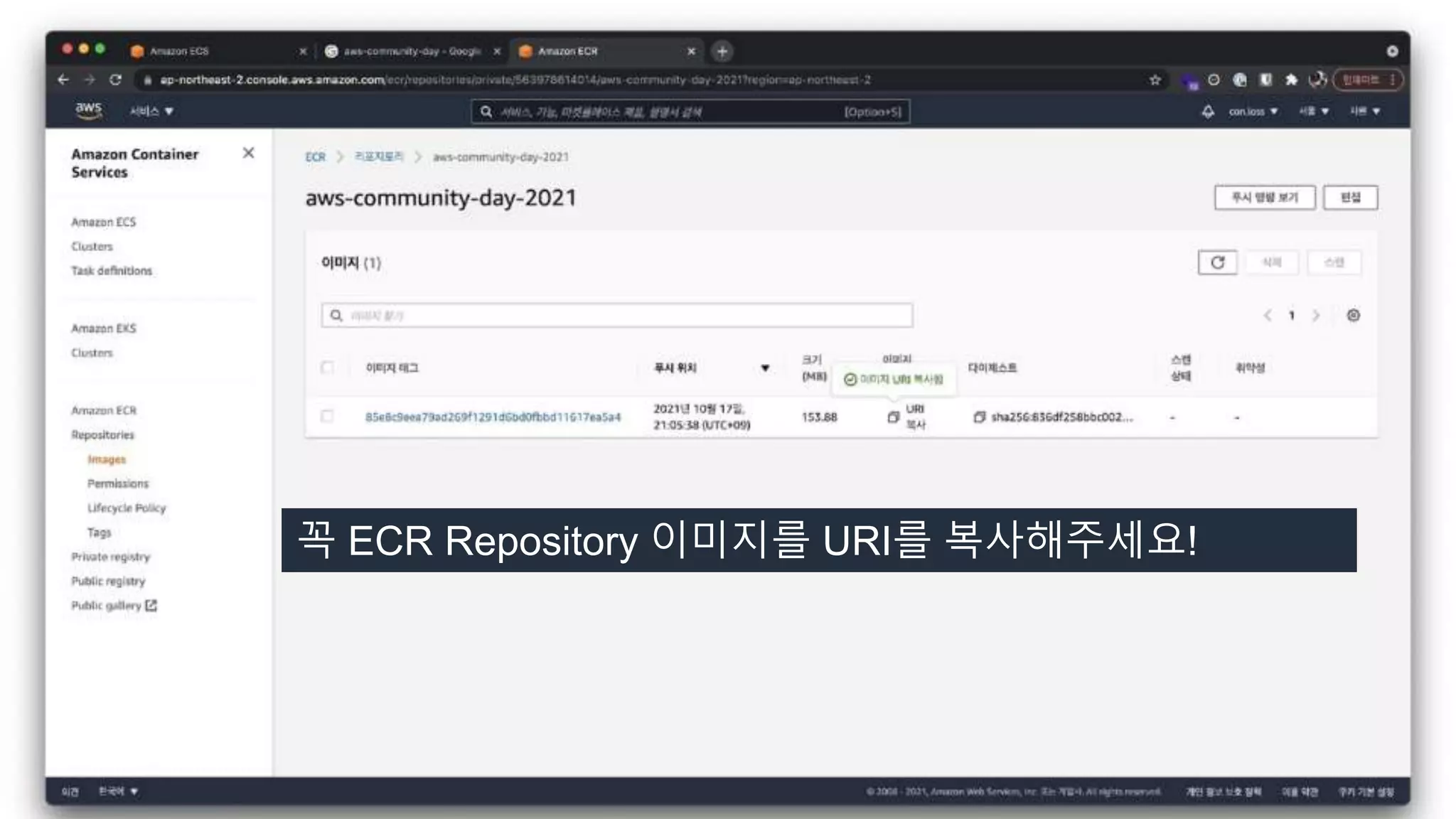 꼭 ECR Repository 이미지를 URI를 복사해주세요!
 
