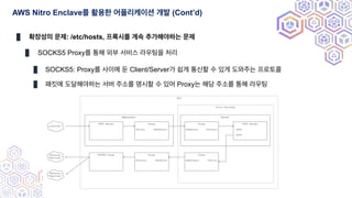 KOREA
AWS Nitro Enclave를 활용한 어플리케이션 개발 (Cont’d)
확장성의 문제: /etc/hosts, 프록시를 계속 추가해야하는 문제
SOCKS5 Proxy를 통해 외부 서비스 라우팅을 처리
SOC...