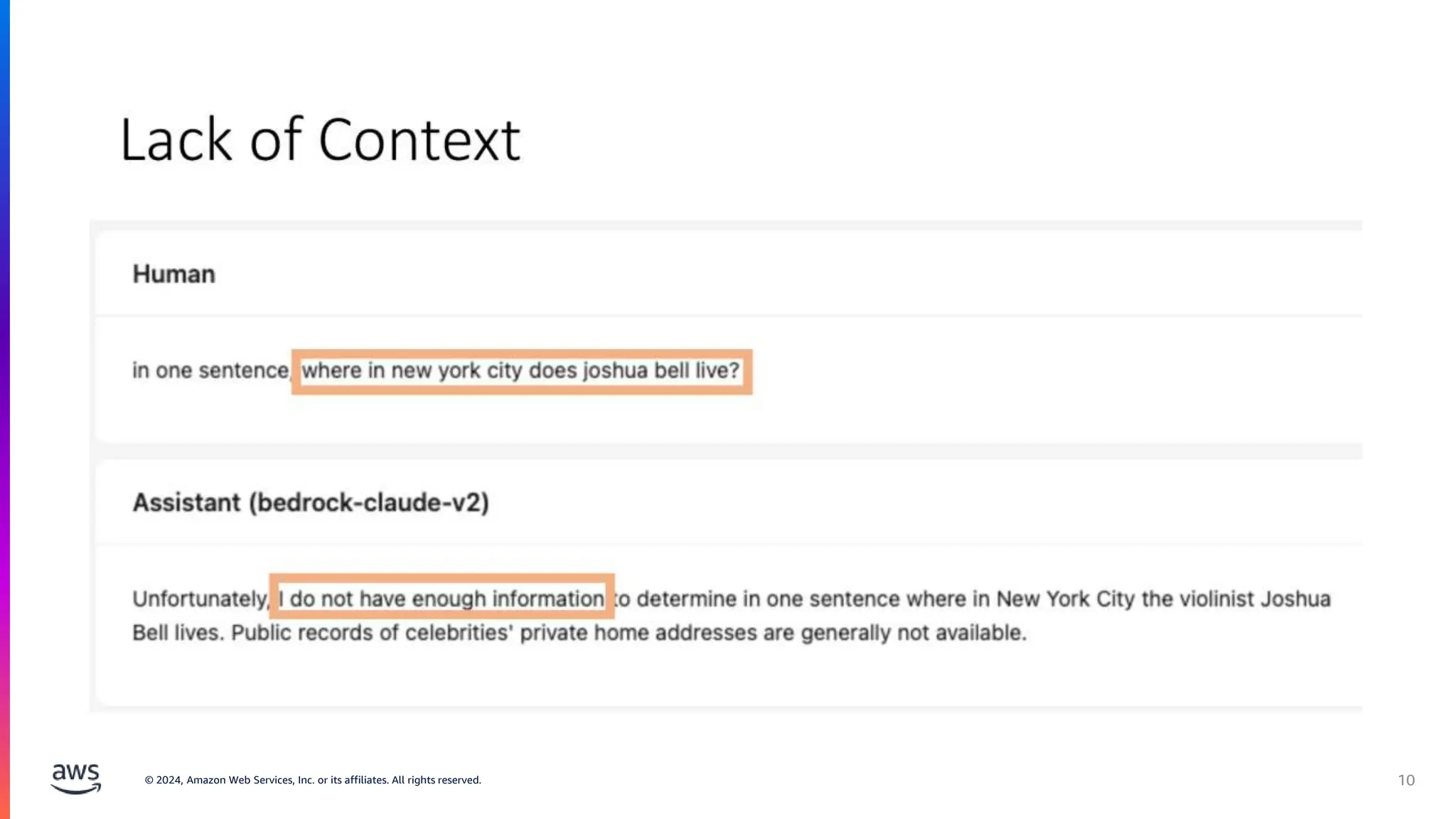 © 2024, Amazon Web Services, Inc. or its affiliates. All rights reserved. 10
 