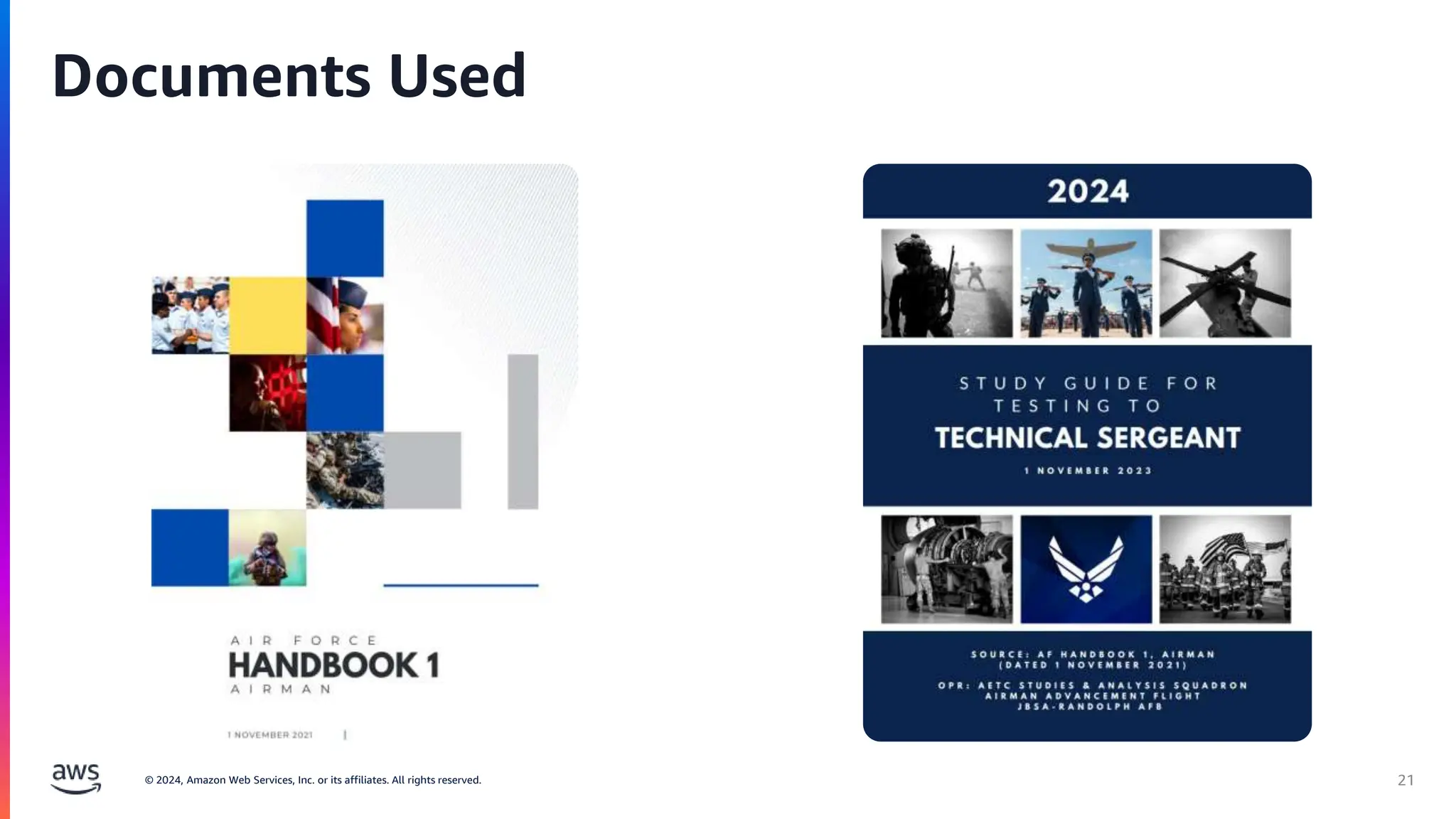 © 2024, Amazon Web Services, Inc. or its affiliates. All rights reserved. 21
Documents Used
 