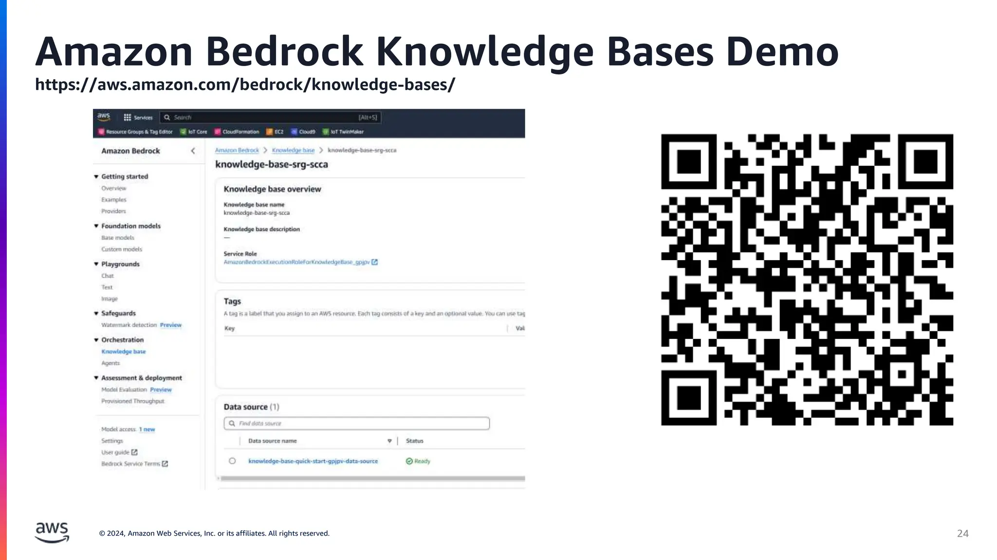 © 2024, Amazon Web Services, Inc. or its affiliates. All rights reserved. 24
Amazon Bedrock Knowledge Bases Demo
https://aws.amazon.com/bedrock/knowledge-bases/
 