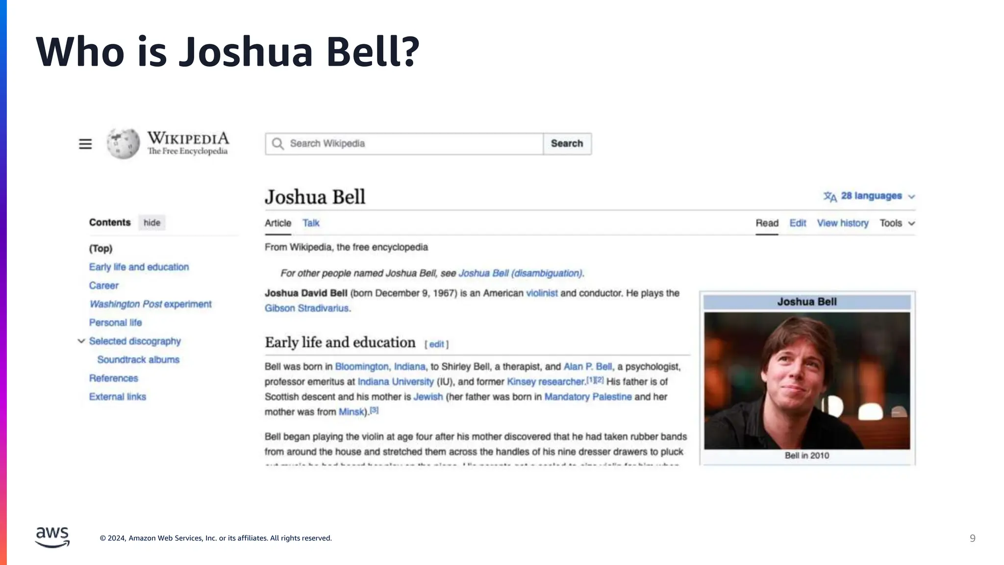 © 2024, Amazon Web Services, Inc. or its affiliates. All rights reserved. 9
Who is Joshua Bell?
 