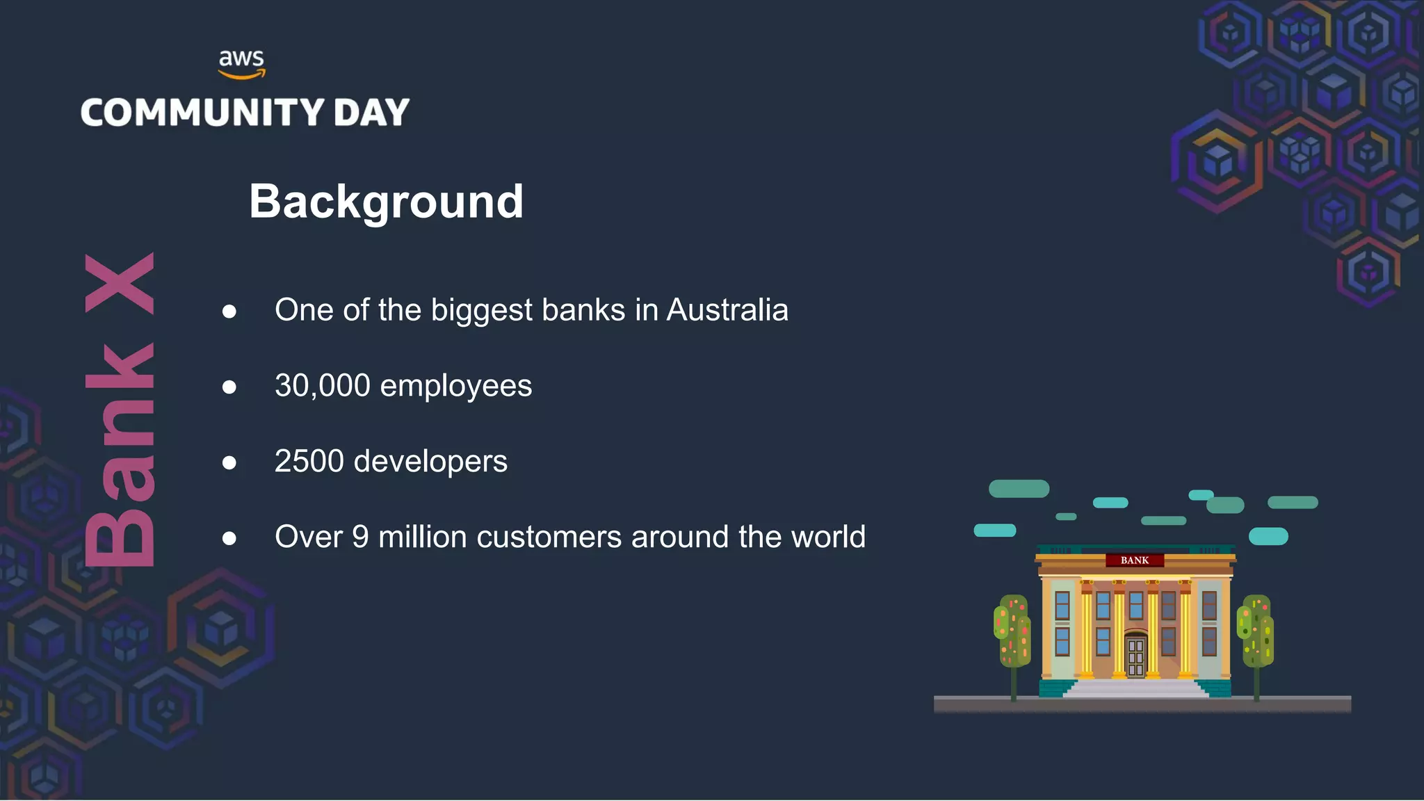 Background
● One of the biggest banks in Australia
● 30,000 employees
● 2500 developers
● Over 9 million customers around the world
BankX
 