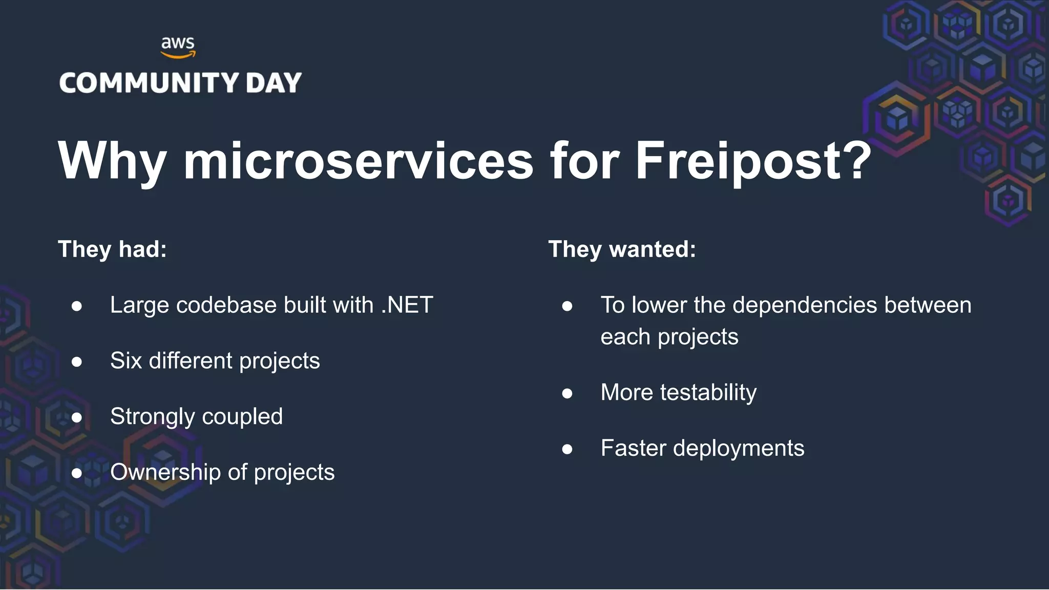They had:
● Large codebase built with .NET
● Six different projects
● Strongly coupled
● Ownership of projects
Why microservices for Freipost?
They wanted:
● To lower the dependencies between
each projects
● More testability
● Faster deployments
 