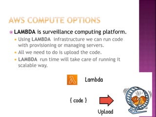  LAMBDA is surveillance computing platform.
 Using LAMBDA infrastructure we can run code
with provisioning or managing servers.
 All we need to do is upload the code.
 LAMBDA run time will take care of running it
scalable way.
 