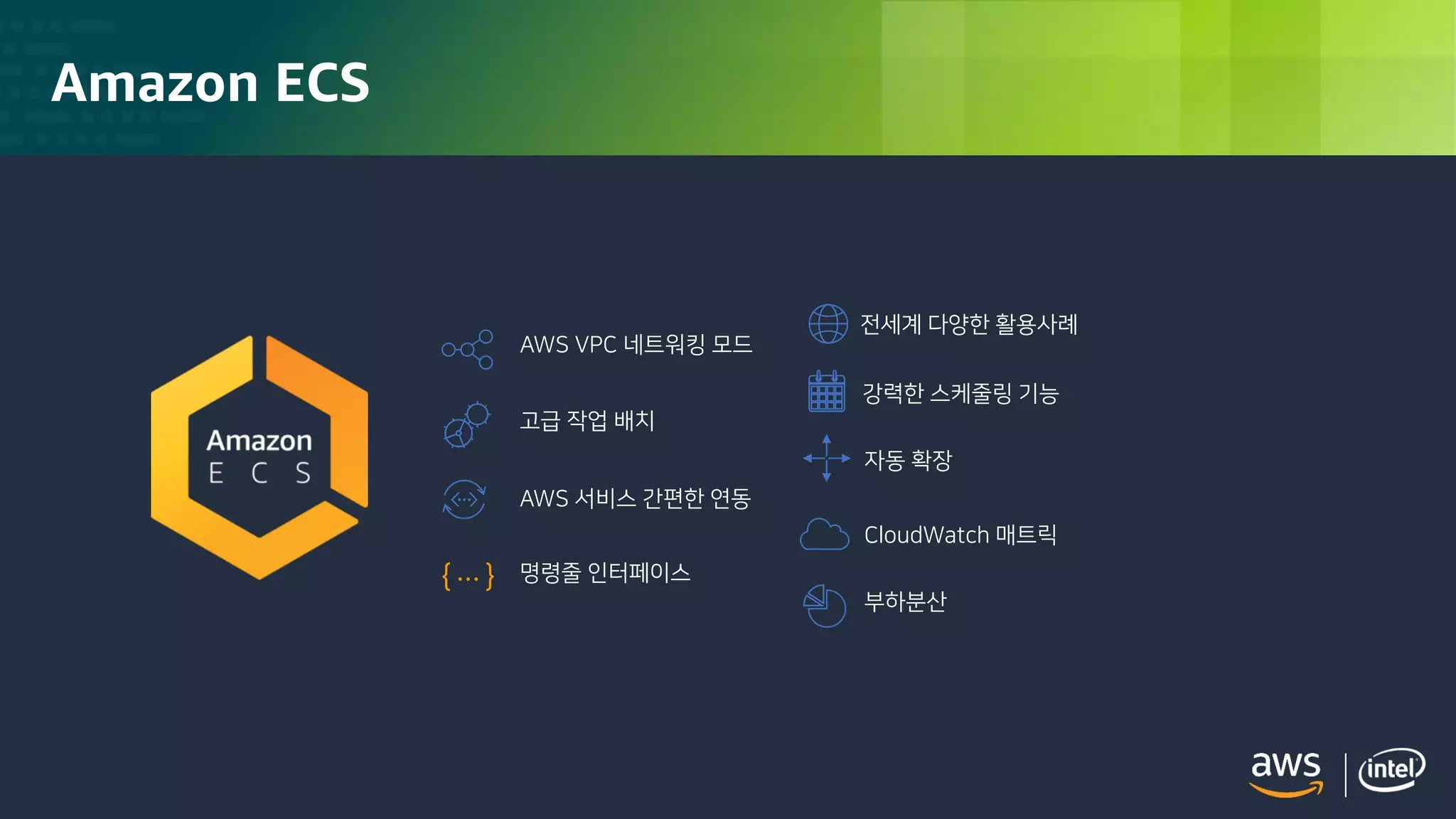 © 2018, Amazon Web Services, Inc. or its Affiliates. All rights reserved.
Amazon ECS
AWS VPC 네트워킹 모드
…{ }
고급 작업 배치
AWS 서비스 간편한 연동
명령줄 인터페이스
전세계 다양한 활용사례
강력한 스케줄링 기능
자동 확장
CloudWatch 매트릭
부하분산
 