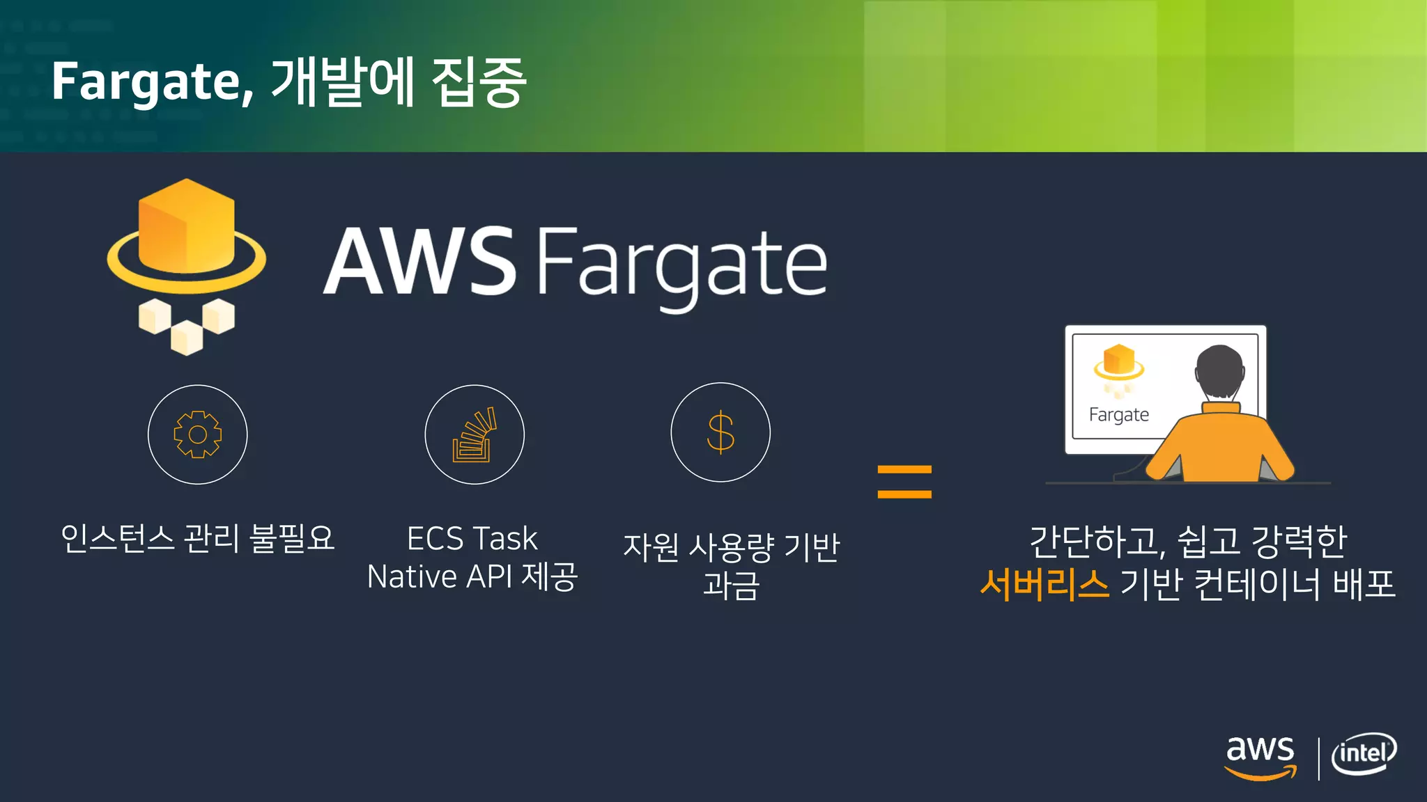 © 2018, Amazon Web Services, Inc. or its Affiliates. All rights reserved.
Fargate, 개발에 집중
간단하고, 쉽고 강력한
서버리스 기반 컨테이너 배포
=인스턴스 관리 불필요 ECS Task
Native API 제공
자원 사용량 기반
과금
 