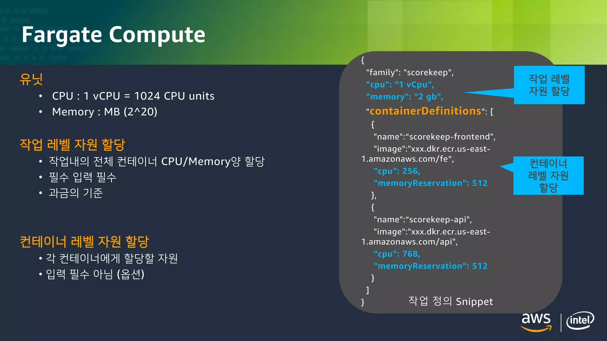 © 2018, Amazon Web Services, Inc. or its Affiliates. All rights reserved.
Fargate Compute
{
"family": "scorekeep",
"cpu": "1 vCpu",
"memory": "2 gb",
"containerDefinitions": [
{
"name":“scorekeep-frontend",
"image":"xxx.dkr.ecr.us-east-
1.amazonaws.com/fe“,
"cpu": 256,
"memoryReservation": 512
},
{
"name":“scorekeep-api",
"image":"xxx.dkr.ecr.us-east-
1.amazonaws.com/api",
"cpu": 768,
"memoryReservation": 512
}
]
}
유닛
• CPU : 1 vCPU = 1024 CPU units
• Memory : MB (2^20)
작업 레벨 자원 할당
• 작업내의 전체 컨테이너 CPU/Memory양 할당
• 필수 입력 필수
• 과금의 기준
컨테이너 레벨 자원 할당
• 각 컨테이너에게 할당할 자원
• 입력 필수 아님 (옵션)
작업 레벨
자원 할당
컨테이너
레벨 자원
할당
작업 정의 Snippet
 