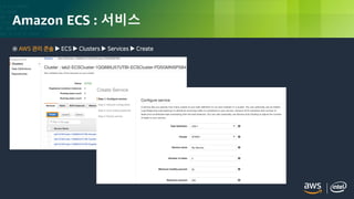 © 2018, Amazon Web Services, Inc. or its Affiliates. All rights reserved.
Amazon ECS : 서비스
◉ AWS 관리 콘솔  ECS  Clusters  Services  Create
 