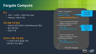 © 2018, Amazon Web Services, Inc. or its Affiliates. All rights reserved.
Fargate Compute
{
"family": "scorekeep",
"cpu": "1 vCpu",
"memory": "2 gb",
"containerDefinitions": [
{
"name":“scorekeep-frontend",
"image":"xxx.dkr.ecr.us-east-
1.amazonaws.com/fe“,
"cpu": 256,
"memoryReservation": 512
},
{
"name":“scorekeep-api",
"image":"xxx.dkr.ecr.us-east-
1.amazonaws.com/api",
"cpu": 768,
"memoryReservation": 512
}
]
}
유닛
• CPU : 1 vCPU = 1024 CPU units
• Memory : MB (2^20)
작업 레벨 자원 할당
• 작업내의 전체 컨테이너 CPU/Memory양 할당
• 필수 입력 필수
• 과금의 기준
컨테이너 레벨 자원 할당
• 각 컨테이너에게 할당할 자원
• 입력 필수 아님 (옵션)
작업 레벨
자원 할당
컨테이너
레벨 자원
할당
작업 정의 Snippet
 