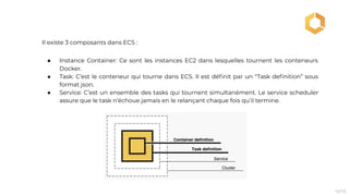 Il existe 3 composants dans ECS :
● Instance Container: Ce sont les instances EC2 dans lesquelles tournent les conteneurs
Docker.
● Task: C’est le conteneur qui tourne dans ECS. Il est déﬁnit par un “Task deﬁnition” sous
format json.
● Service: C’est un ensemble des tasks qui tournent simultanément. Le service scheduler
assure que le task n’échoue jamais en le relançant chaque fois qu’il termine.
10/15
 