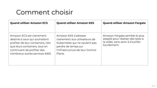 Comment choisir
Quand utiliser Amazon ECS Quand utiliser Amazon EKS Quand utiliser Amazon Fargate
Amazon ECS est clairement
destiné à ceux qui souhaitent
proﬁter de leur containers, rien
que leurs containers, tout en
continuant de proﬁter des
nombreux autres services AWS.
Amazon EKS s’adresse
clairement aux utilisateurs de
Kubernetes qui ne veulent pas
perdre de temps sur
l'infrastructure de leur Control
Plane.
Amazon Fargate semble le plus
adapté pour réaliser des tests à
la volée, sans avoir à s’outiller
lourdement.
8/15
 