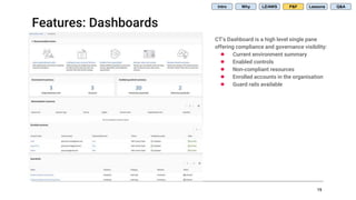 Features: Dashboards
15
CT’s Dashboard is a high level single pane
offering compliance and governance visibility:
● Current environment summary
● Enabled controls
● Non-compliant resources
● Enrolled accounts in the organisation
● Guard rails available
Intro Why LZ/AWS P&F Lessons Q&A
 