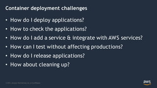 Container deployment challenges
© 2021, Amazon Web Services, Inc. or its Affiliates.
• How do I deploy applications?
• How to check the applications?
• How do I add a service & integrate with AWS services?
• How can I test without affecting productions?
• How do I release applications?
• How about cleaning up?
 