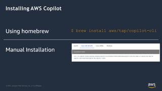 Installing AWS Copilot
$ brew install aws/tap/copilot-cli
© 2021, Amazon Web Services, Inc. or its Affiliates.
 