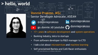 Donnie Prakoso, MSc
Senior Developer Advocate, ASEAN
• 17+ years in software development and system operations
• Banking industry, telco to startups
• From software developer to R&D manager to CTO
• I talk a lot about microservices and machine learning
• Self-proclaimed Barista and Café Racer enthusiasts
© 2021, Amazon Web Services, Inc. or its affiliates. All rights reserved.
@donnieprakoso
go.donnie.id/youtube
donnieprakoso
donnieprakoso
 