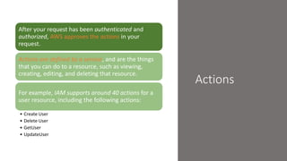 Actions
After your request has been authenticated and
authorized, AWS approves the actions in your
request.
Actions are defined by a service, and are the things
that you can do to a resource, such as viewing,
creating, editing, and deleting that resource.
For example, IAM supports around 40 actions for a
user resource, including the following actions:
• Create User
• Delete User
• GetUser
• UpdateUser
 