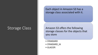 Storage Class
Each object in Amazon S3 has a
storage class associated with it.
Amazon S3 offers the following
storage classes for the objects that
you store
• STANDARD
• STANDARD_IA
• GLACIER
 
