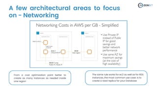 A few architectural areas to focus
on - Networking
From a cost optimization point better to
create as many instances as needed inside
one region
The same rule works for ec2 as well as for RDS
instances, the most common use case: is to
create a read replica for your Database
 