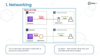 1. Networking
Try to make data calculations inside AWS, to
pay less for outbound traffic
2d option - data transfer will be free, and
only 50kb result will be charged
 