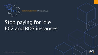 © 2020, Amazon Web Services, Inc. or its Affiliates. @ziniman
Stop paying for idle
EC2 and RDS instances
Implementation time: Minutes to hours
2
 