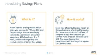 © 2020, Amazon Web Services, Inc. or its Affiliates. @ziniman
Introducing Savings Plans
A new flexible pricing model which
helps you save up to 72% on EC2 and
Fargate usage. Customers simply
commit to a consistent amount of
usage (e.g. $10/hour) over 1 or 3
years, and in exchange they will
receive a lower price for that usage.
Every type of compute usage has an On
Demand rate and a Savings Plans price.
If a customer commits to $10/hour of
compute usage, then they will get
Savings Plans prices on all usage up to
$10. Any usage beyond the
commitment will be charged at regular
On-Demand rates.
How it works?What is it?
 