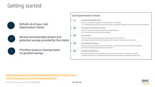 © 2020, Amazon Web Services, Inc. or its Affiliates. @ziniman
Getting started
Refresh all of your Cost
Optimization checks
Review recommended actions and
potential savings provided by the checks
Prioritize resource cleanup based
on greatest savings
https://aws.amazon.com/premiumsupport/technology/trusted-advisor/
https://aws.amazon.com/premiumsupport/pricing/
1
2
3
Cost Optimization Checks
 