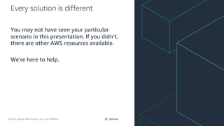 © 2020, Amazon Web Services, Inc. or its Affiliates. @ziniman
Every solution is different
You may not have seen your particular
scenario in this presentation. If you didn’t,
there are other AWS resources available.
We’re here to help.
 