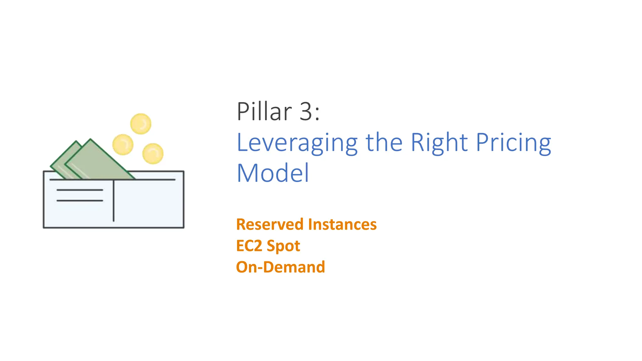 Pillar 3:
Leveraging the Right Pricing
Model
Reserved Instances
EC2 Spot
On-Demand
 