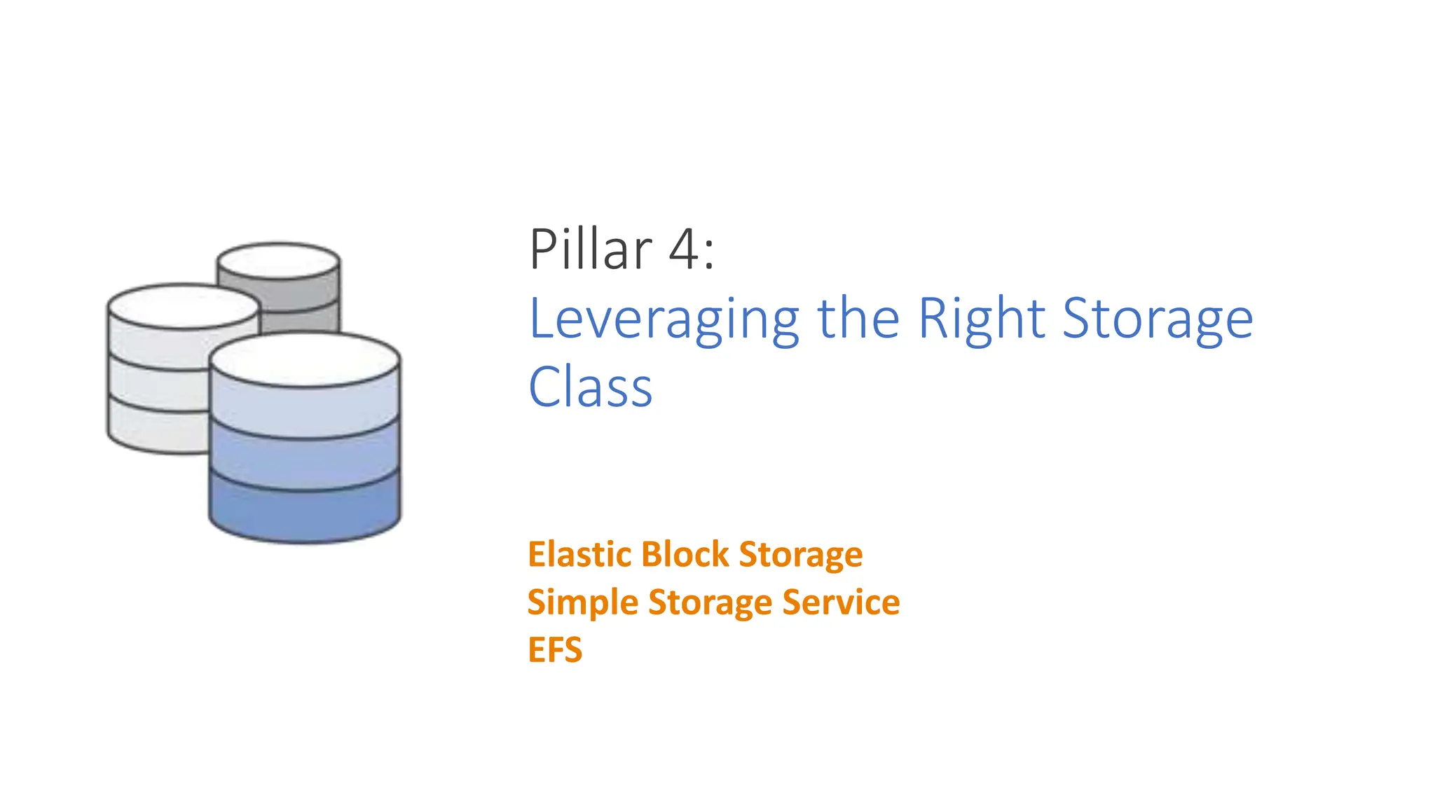 Pillar 4:
Leveraging the Right Storage
Class
Elastic Block Storage
Simple Storage Service
EFS
 