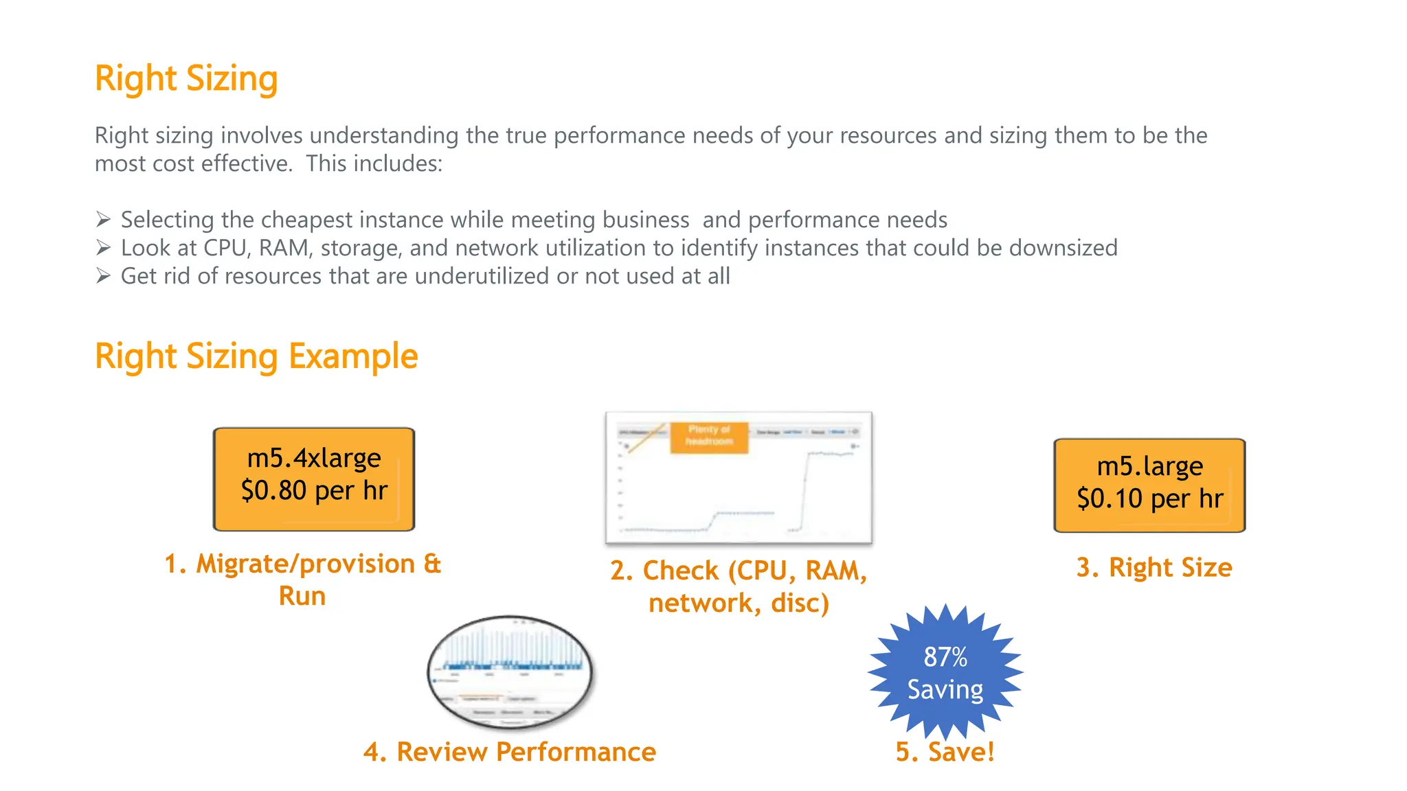Right Sizing
Right sizing involves understanding the true performance needs of your resources and sizing them to be the
most cost effective. This includes:
 Selecting the cheapest instance while meeting business and performance needs
 Look at CPU, RAM, storage, and network utilization to identify instances that could be downsized
 Get rid of resources that are underutilized or not used at all
87%
Saving
m5.4xlarge
$0.80 per hr
m5.large
$0.10 per hr
2. Check (CPU, RAM,
network, disc)
1. Migrate/provision &
Run
3. Right Size
5. Save!
4. Review Performance
Right Sizing Example
 