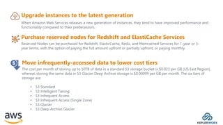 Reserved Nodes can be purchased for Redshift, ElasticCache, Redis, and Memcached Services for 1-year or 3-
year terms, with the option of paying the full amount upfront or partially upfront, or paying monthly.
Purchase reserved nodes for Redshift and ElastiCache Services
Upgrade instances to the latest generation
When Amazon Web Services releases a new generation of instances, they tend to have improved performance and
functionality compared to their predecessors.
The cost per month of storing up to 50TB of data in a standard S3 storage bucket is $0.023 per GB (US East Region),
whereas storing the same data in S3 Glacier Deep Archive storage is $0.00099 per GB per month. The six tiers of
storage are:
• S3 Standard
• S3 Intelligent Tiering
• S3 Infrequent Access
• S3 Infrequent Access (Single Zone)
• S3 Glacier
• S3 Deep Archive Glacier
Move infrequently-accessed data to lower cost tiers
 
