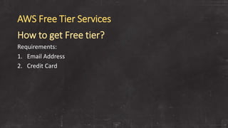 AWS Free Tier Services
How to get Free tier?
Requirements:
1. Email Address
2. Credit Card
 