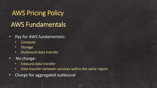 AWS Pricing Policy
• Pay for AWS fundamentals:
• Compute
• Storage
• Outbound data transfer
• No charge:
• Inbound data transfer
• Data transfer between services within the same region
• Charge for aggregated outbound
AWS Fundamentals
 