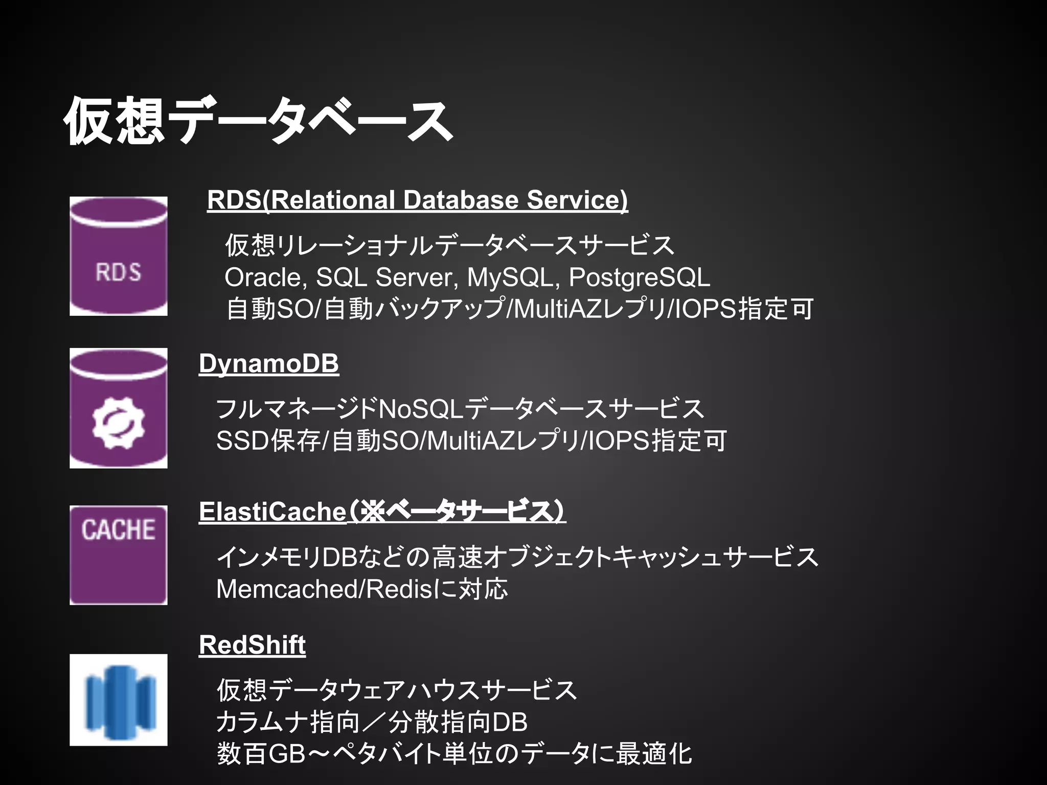 仮想データベース
RDS(Relational Database Service)
　仮想リレーショナルデータベースサービス
　Oracle, SQL Server, MySQL, PostgreSQL
　自動SO/自動バックアップ/MultiAZレプリ/IOPS指定可
DynamoDB
　フルマネージドNoSQLデータベースサービス
　SSD保存/自動SO/MultiAZレプリ/IOPS指定可
ElastiCache（※ベータサービス）
　インメモリDBなどの高速オブジェクトキャッシュサービス
　Memcached/Redisに対応
RedShift
　仮想データウェアハウスサービス
　カラムナ指向／分散指向DB
　数百GB〜ペタバイト単位のデータに最適化
 
