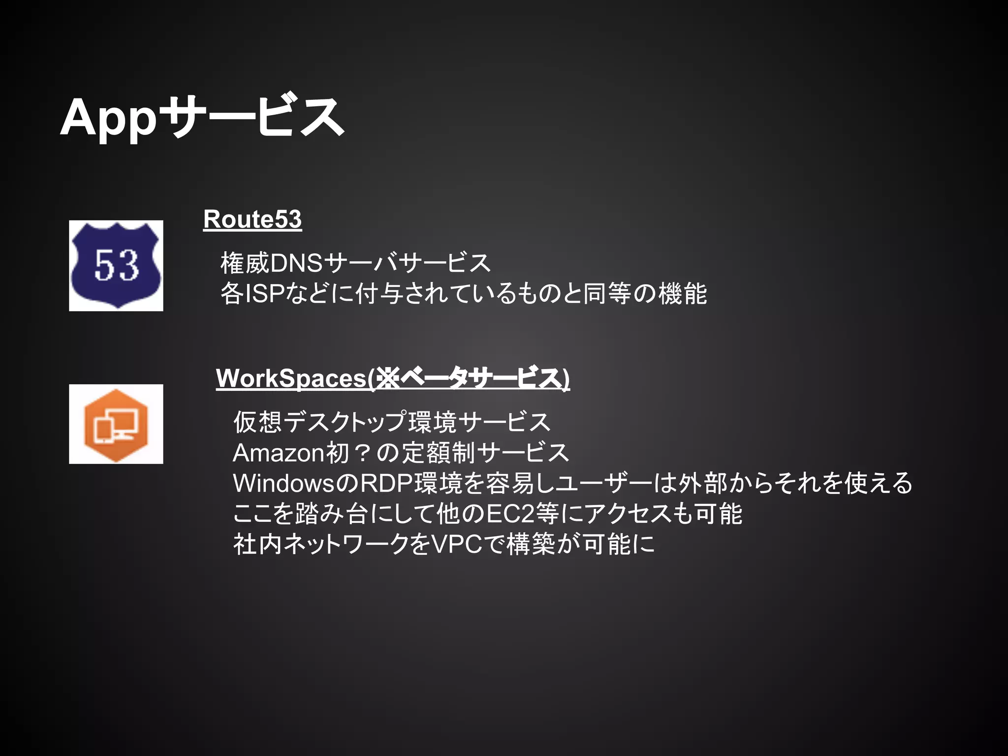 Appサービス
Route53
　権威DNSサーバサービス
　各ISPなどに付与されているものと同等の機能
　
　
WorkSpaces(※ベータサービス)
　仮想デスクトップ環境サービス
　Amazon初？の定額制サービス
　WindowsのRDP環境を容易しユーザーは外部からそれを使える
　ここを踏み台にして他のEC2等にアクセスも可能
　社内ネットワークをVPCで構築が可能に
　
　
 