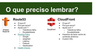O que preciso lembrar? 
Route53 
● O que é? 
● Pra que serve? 
● Ajuda com ? 
○ Tolerância falha 
○ Escalabilidade 
● Routing Policy 
○ Simple 
○ weighted 
○ Latency 
○ Failover 
○ Geolocation 
● Health Checks 
CloudFront 
● O que é? 
● Pra que serve? 
● Ajuda com ? 
○ Tolerância falha 
○ Escalabilidade 
● Impactos de fazer cache de 
conteúdo dinâmico 
● Custom SSL 
 
