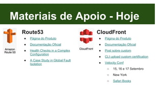 Materiais de Apoio - Hoje 
Route53 
● Página do Produto 
● Documentação Oficial 
● Health Checks in a Complex 
Configuration 
● A Case Study in Global Fault 
Isolation 
CloudFront 
● Página do Produto 
● Documentação Oficial 
● Post sobre custom 
● CLI upload custom certification 
● Velocity Conf 
○ 15, 16 e 17 Setembro 
○ New York 
○ Safari Books 
 