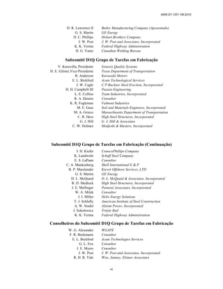 AWS D1.1/D1.1M:2010
xi
D. R. Lawrence II Butler Manufacturing Company (Aposentado)
G. S. Martin GE Energy
D. C. Phillips Hobart Brothers Company
J. W. Post J. W. Post and Associates, Incorporated
K. K. Verma Federal Highway Administration
D. G. Yantz Canadian Welding Bureau
Subcomitê D1Q Grupo de Tarefas em Fabricação
V. Kuruvilla, Presidente Genesis Quality Systems
H. E. Gilmer,Vice-Presidente Texas Department of Transportation
B. Anderson Kawasaki Motors
E. L. Bickford Acute Technological Services
J. W. Cagle C P Buckner Steel Erection, Incorporated
H. H. Campbell III Pazazu Engineering
L. E. Collins Team Industries, Incorporated
R. A. Dennis Consultor
K. R. Fogleman Valmont Industries
M. E. Gase Soil and Materials Engineers, Incorporated
M. A. Grieco Massachusetts Department of Transportation
C. R. Hess High Steel Structures, Incorporated
G. J. Hill G. J. Hill & Associates
C. W. Holmes Modjeski & Masters, Incorporated
Subcomitê D1Q Grupo de Tarefas em Fabricação (Continuação)
J. H. Kiefer ConocoPhillips Company
K. Landwehr Schuff Steel Company
E. S. LaPann Consultor
C. A. Mankenberg Shell International E & P
R. P. Marslender Kiewit Offshore Services, LTD
G. S. Martin GE Energy
D. L. McQuaid D. L. McQuaid & Associates, Incorporated
R. D. Medlock High Steel Structures, Incorporated
J. E. Mellinger Pennoni Associates, Incorporated
W. A. Milek Consultor
J. I. Miller Helix Energy Solutions
T. J. Schlafly American Institute of Steel Construction
A. W. Sindel Alstom Power, Incorporated
J. Sokolewicz Trinity Rail
K. K. Verma Federal Highway Administration
Conselheiros do Subcomitê D1Q Grupo de Tarefas em Fabricação
W. G. Alexander WGAPE
F. R. Beckmann Consultor
E. L. Bickford Acute Technologies Services
G. L. Fox Consultor
J. E. Myers Consultor
J. W. Post J. W. Post and Associates, Incorporated
R. H. R. Tide Wiss, Janney, Elstner Associates
 