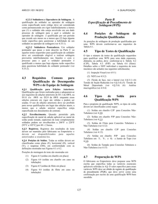 AWS D1.1/D1.1M:2012 ` 4. QUALIFICAÇÃO
127
4.2.3.1 Soldadores e Operadores de Soldagem. A
qualificação do soldador ou operador de soldagem
como especificado neste código deve ser considerada
como permanecendo em vigor indefinidamente a menos
que (1) o soldador não esteja envolvido em um dado
processo de soldagem para o qual o soldador ou
operador de soldagem é qualificado por um período
que excede seis meses ou a menos que (2) haja alguma
razão específica para questionar a habilidade de um
soldador ou operador de soldagem (ver 4.33.1).
4.2.3.2 Soldadores Ponteadores. Um soldador
ponteador que passe o teste descrito na Parte C ou
aqueles testes requeridos para qualificação de soldador
deve ser considerado elegível a realizar soldagem
provisória indefinidamente nas funções e com o
processo para o qual o soldador ponteador é
qualificado a menos que haja alguma razão específica
para questiona habilidade do soldador ponteador (ver
4.33.2).
4.3 Requisitos Comuns para
Qualificação de Desempenho
WPS e de Equipe de Soldagem
4.3.1 Qualificação para Edições Anteriores.
Qualificações que foram realizadas para e adequaram-se
aos requisitos de edições anteriores de D1.1 da AWS, ou
D1.0 d a AWS ou D2.0 da AWS enquanto essas
edições estavam em vigor são válidas e podem ser
usadas. O uso de edições anteriores deve ser proibido
para novas qualificações em lugar das edições atuais, a
menos que a edição anterior específica esteja
especificada nos documentos de contrato.
4.3.2 Envelhecimento. Quando permitido pela
especificação de metal de adição aplicável ao metal de
solda sendo testado, espécimes de teste completamente
soldados podem ser envelhecidos a 200°F a 220°F
[95°C a 105°C] por 48 ± 2 horas.
4.3.3 Registros. Registros dos resultados de teste
devem ser mantidos pelo fabricante ou Empreiteiro e
devem ser disponibilizados para aqueles
autorizados a examiná-los.
4.3.4 Posições de Soldas. Todas as soldas devem ser
classificadas como plana (F), horizontal (H), vertical
(V), e suspensa (OH), em conformidade com as
definições mostradas nas Figuras 4.1 e 4.2.
Posições de montagem de teste são mostradas em:
(1) Figura 4.3 (soldas em chanfro em placa)
(2) Figura 4.4 (soldas em chanfro em cano ou
tubulação)
(3) Figura 4.5 (soldas de filete em placa)
(4) Figura 4.6 (soldas de filete em cano ou
tubulação)
Parte B
Especificação de Procedimento de
Soldagem (WPS)
4.4 Posições de Soldagem de
Produção Qualificadas
As posições de soldagem de produção qualificadas por
uma WPS devem conformar-se aos requisitos da
Tabela 4.1.
4.5 Tipo de Testes de Qualificação
O tipo e número de testes de qualificação requeridos
para qualificar uma WPS para uma dada espessura,
diâmetro, ou ambos, deve conformar-se à Tabela 4.2
(CJP), Tabela 4.3 (PJP) ou Tabela 4.4 (filete).
Detalhes sobre o NDT individual e requisitos de teste
mecânico são achados nas seguintes subcláusulas:
(1) Inspeção Visual (ver 4.9.1)
(2) NDT (ver 4.9.2)
(3) Flexão de face, raiz e lateral (ver 4.9.3.1) (4)
Tensão de Seção Reduzida (ver 4.9.3.4) (5) Tensão de
Metal Depositado (ver 4.9.3.6) (6) Análise
macrográfica (ver 4.9.4)
4.6 Tipos de Solda para
Qualificação WPS
Para o propósito de qualificação WPS, os tipos de solda
devem ser classificados como segue:
(1) Soldas em chanfro CJP para Conexões Não-
Tubulares (ver 4.10)
(2) Soldas em chanfro PJP para Conexões Não-
Tubulares (ver 4.11)
(3) Soldas de Filete para Conexões Tubulares e
Não-Tubulares (ver 4.12)
(4) Soldas em chanfro CJP para Conexões
Tubulares (ver 4.13)
(5) Soldas em chanfro PJP para Conexões
Tubulares em T-, Y-, e K- e Juntas de Topo (ver
4.14)
(6) Soldas de Tampão para Conexões Tubulares e
Não-Tubulares (ver 4.15)
4.7 Preparação de WPS
O fabricante ou Empreiteiro deve preparar uma WPS
escrita que especifica todas as variáveis essenciais
aplicáveis referidas in 4.8. O valor específico para essas
variáveis WPS deve ser obtido do registro de qualificação
de procedimento (PQR), que deve servir como uma
confirmação por escrito de uma qualificação WPS bem
sucedida.
 