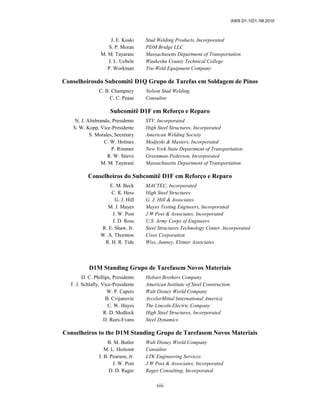 AWS D1.1/D1.1M:2010
xiii
J. E. Koski Stud Welding Products, Incorporated
S. P. Moran PDM Bridge LLC
M. M. Tayarani Massachusetts Department of Transportation
J. L. Uebele Waukesha County Technical College
P. Workman Tru-Weld Equipment Company
Conselheirosdo Subcomitê D1Q Grupo de Tarefas em Soldagem de Pinos
C. B. Champney Nelson Stud Welding
C. C. Pease Consultor
Subcomitê D1F em Reforço e Reparo
N. J. Altebrando, Presidente STV, Incorporated
S. W. Kopp, Vice-Presidente High Steel Structures, Incorporated
S. Morales, Secretary American Welding Society
C. W. Holmes Modjeski & Masters, Incorporated
P. Rimmer New York State Department of Transportation
R. W. Stieve Greenman-Pederson, Incorporated
M. M. Tayarani Massachusetts Department of Transportation
Conselheiros do Subcomitê D1F em Reforço e Reparo
E. M. Beck MACTEC, Incorporated
C. R. Hess High Steel Structures
G. J. Hill G. J. Hill & Associates
M. J. Mayes Mayes Testing Engineers, Incorporated
J. W. Post J W Post & Associates, Incorporated
J. D. Ross U.S. Army Corps of Engineers
R. E. Shaw, Jr. Steel Structures Technology Center, Incorporated
W. A. Thornton Cives Corporation
R. H. R. Tide Wiss, Janney, Elstner Associates
D1M Standing Grupo de Tarefasem Novos Materiais
D. C. Phillips, Presidente Hobart Brothers Company
T. J. Schlafly, Vice-Presidente American Institute of Steel Construction
W. P. Capers Walt Disney World Company
B. Cvijanovic ArcelorMittal International America
C. W. Hayes The Lincoln Electric Company
R. D. Medlock High Steel Structures, Incorporated
D. Rees-Evans Steel Dynamics
Conselheiros to the D1M Standing Grupo de Tarefasem Novos Materiais
B. M. Butler Walt Disney World Company
M. L. Hoitomt Consultor
J. B. Pearson, Jr. LTK Engineering Services
J. W. Post J W Post & Associates, Incorporated
D. D. Rager Rager Consulting, Incorporated
 