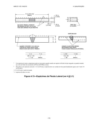 AWS D1.1/D1.1M:2010 4. QUALIFICAÇÃO
170
a
Um espécime de maior comprimento pode ser necessário quando usando um suporte de flexão do tipo integrado ou quando testando
aço com um limite de escoamento de 90 ksi [620 MPa] ou mais.
b
Para placas com espessura acima de 1-1/2 in [38 mm], o espécime deve ser cortado em tiras aproximadamente iguais com T entre 3/4
in [20 mm] e
1-1/2 in [38 mm] e cada tira testada.
c
t = espessura de placa ou cano.
Figura 4.13—Espécimes de Flexão Lateral (ver 4.9.3.1)
 